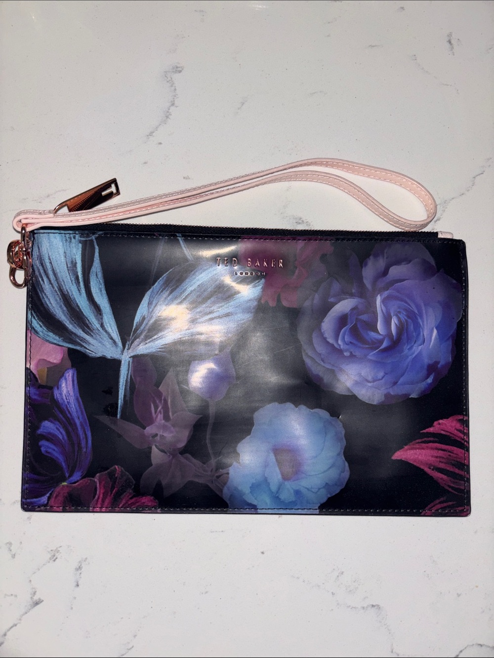 Ted Baker Navy Floral Wristlet with Pink Strap